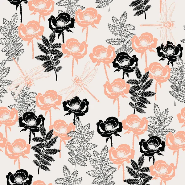 Motif Floral Sans Couture Avec Des Fleurs Prairie Feuilles Libellule — Image vectorielle