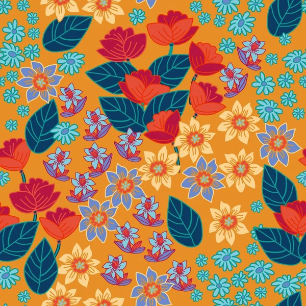 Seamless Pattern Cute Flowers Leaves — Stock Vector