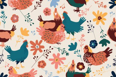 Sevimli tavuk ve çiçeklerle kusursuz desen