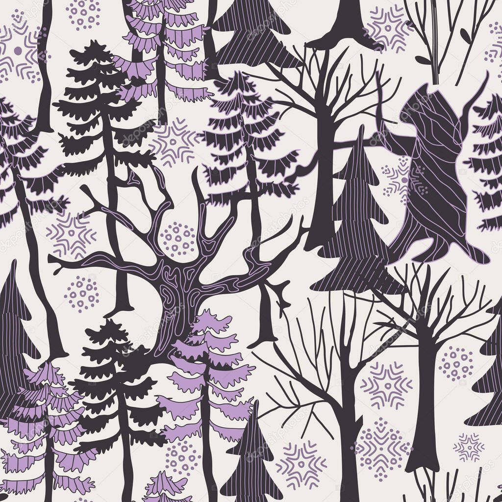 seamless pattern with winter tree, snoflakes and fir trees