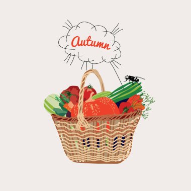 Hasır bir sepet erzak, sebze ve uçakla illüstrasyon