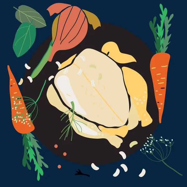 Ilustracja Kurczakiem Warzywami Innymi Składnikami Bulionu — Wektor stockowy