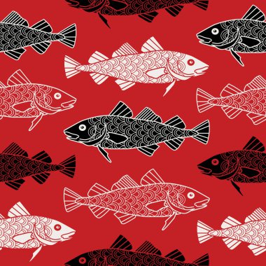 Deniz balıklarıyla kusursuz desen, el çizimi.