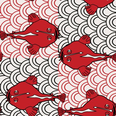 Balık ve dalgalarla kusursuz desen, el çizimi..