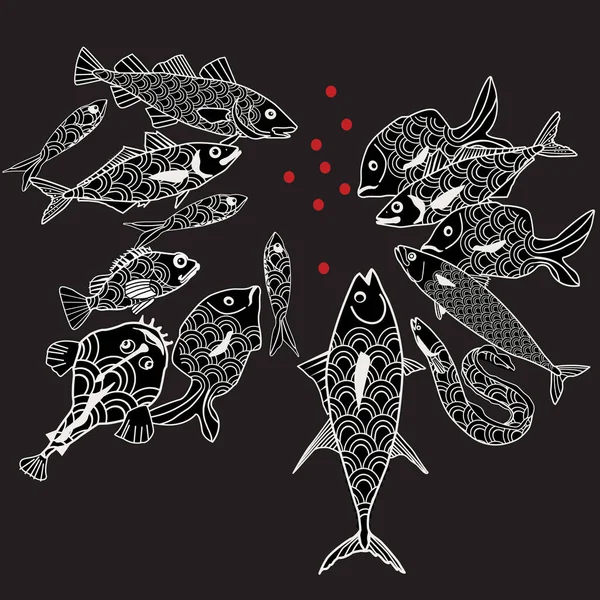 Deniz balıklarıyla resim, el çizimi.