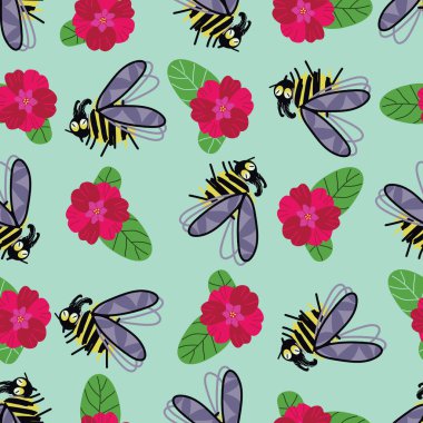 Çizgi film arısı ve çiçeğiyle kusursuz desen