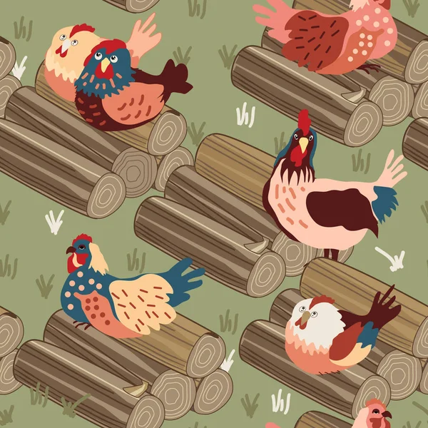 Motif Sans Couture Avec Des Poulets Dessin Animé Jardin Oiseaux — Image vectorielle