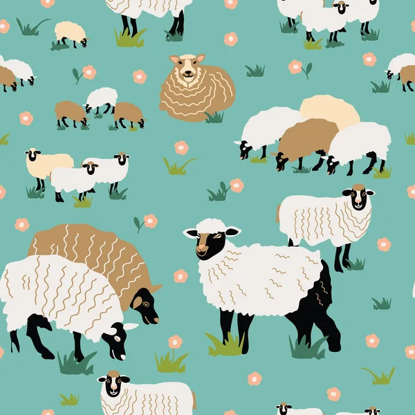 Motif Décoratif Sans Couture Avec Troupeau Moutons Fleurs — Image vectorielle