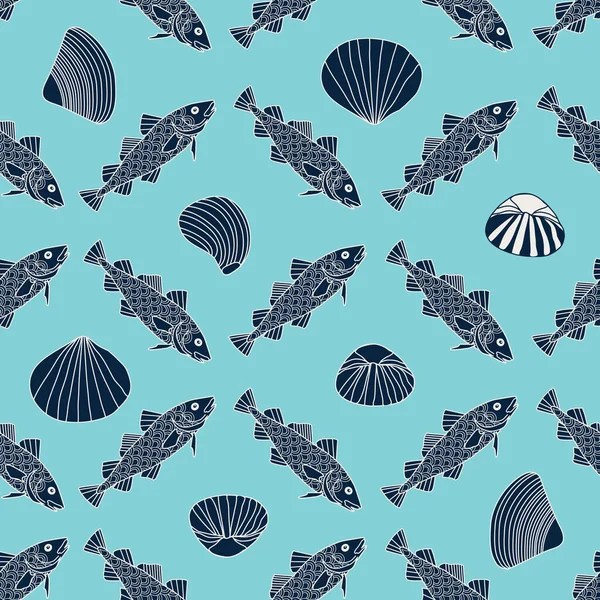 Seamless Pattern Fish Seashells — Stock Vector