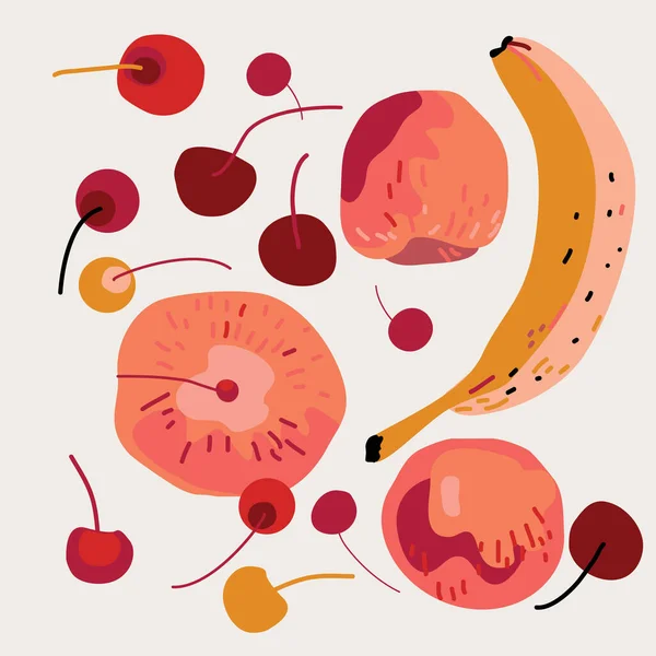 Ilustración Decorativa Con Fruta Cereza Melocotón — Vector de stock