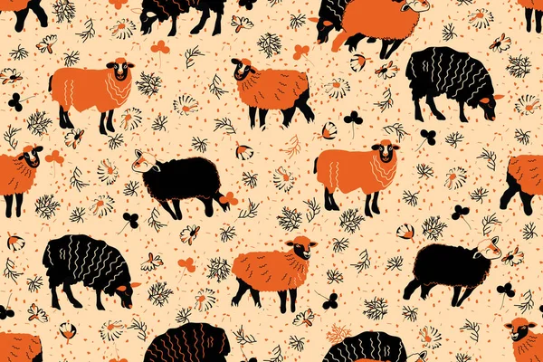 Motif Rural Sans Couture Avec Moutons Dessin Animé — Image vectorielle