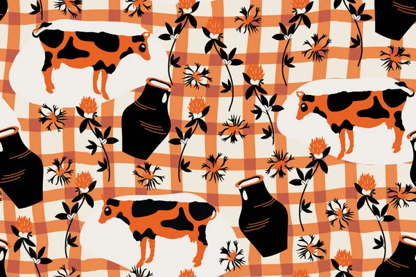 Motif Sans Couture Avec Vache Trèfle Cruche Lait Fond Carreaux — Image vectorielle