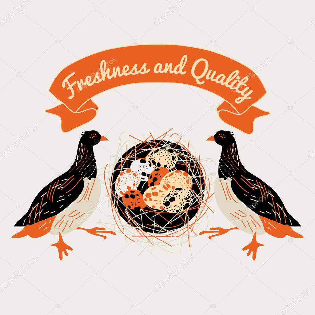 illustration of sticker with quail, nest and eggs