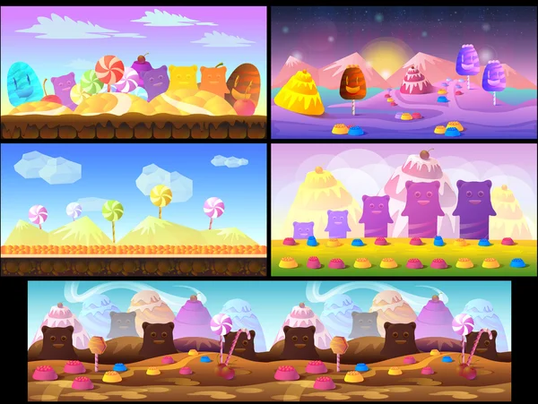 Cartoni animati paesaggio fiabesco. Candy land illustrazione per sfondo gioco — Vettoriale Stock