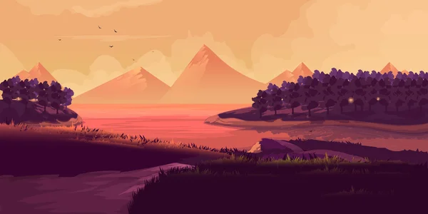 Illustration De Paysage De Nuit, Montagnes, Coucher De Soleil — Image vectorielle