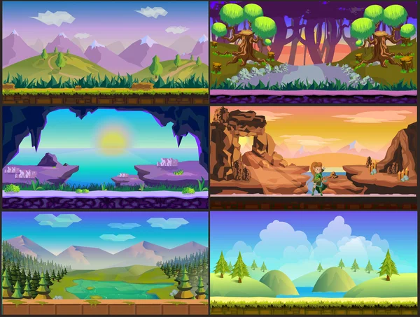 Cartoon game design natura paesaggio impostato — Vettoriale Stock