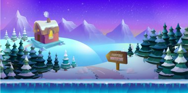 Buz, kar ve bulutlu gökyüzü, kış yatay çizgi film. Oyunlar için vektör doğa arka plan.