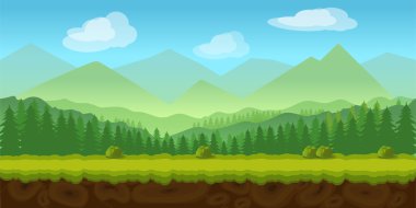 Orman oyun arka plan 2d uygulama. Vektör tasarımı. Tileable yatay olarak. Boyutu 1024 x 512. Paralaks etkisi için hazır