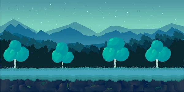 Nacht Wald Spiel Hintergrund für 2D-Anwendung. Vektordesign. waagerecht kachelbar. Größe 1024x512. — Stockvektor