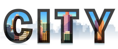 Şehir şehir silueti ile kelime. Tipografik illüstrasyonlar. İşareti, şablon, izole logosu