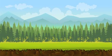 Orman oyun arka plan 2d uygulama. Vektör tasarımı. Tileable yatay olarak. Boyutu 1024 x 512. Paralaks etkisi için hazır