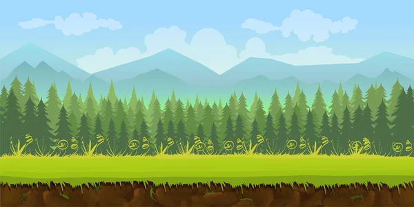 Bosque juego fondo aplicación 2d. Diseño vectorial. Tileable horizontalmente. Tamaño 1024x512. Listo para efecto paralaje — Vector de stock