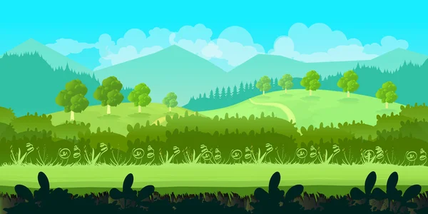 Lindo paisaje sin costuras de dibujos animados con capas separadas, ilustración del día de verano — Vector de stock