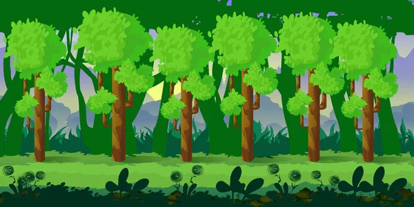 Floresta jogo fundo aplicação 2d. Projeto vetorial. Inclinável horizontalmente. Tamanho 1024x512. Pronto para o efeito de paralaxe — Vetor de Stock