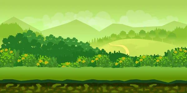 Desenhos animados bonito paisagem sem costura com camadas separadas, ilustração do dia de verão 1024x512 —  Vetores de Stock