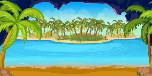 Praia tropical e ilhas Paisagem para jogo, ilustração vetorial, 1024x512 — Vetor de Stock