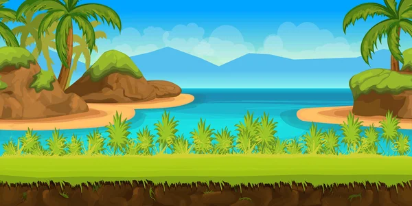 Praia tropical bonita, Ilustração de um desenho animado verão oceano fundo com palmeiras, pedras . — Vetor de Stock
