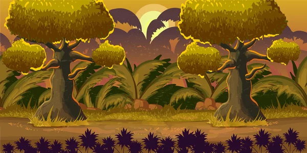 Γελοιογραφία δασικό τοπίο, διάνυσμα ατέλειωτη φόντο με το έδαφος, θάμνων, δέντρων και ουρανό, στρώματα, 1024 x 512 — Διανυσματικό Αρχείο