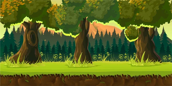 Bosque juego fondo aplicación 2d. Diseño vectorial. Tileable horizontalmente. Tamaño 1024x512. Listo para efecto paralaje — Vector de stock