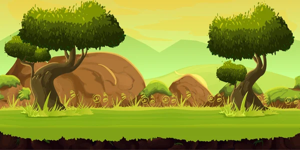 Floresta jogo fundo aplicação 2d. Projeto vetorial. Inclinável horizontalmente. Tamanho 1024x512. Pronto para o efeito de paralaxe —  Vetores de Stock