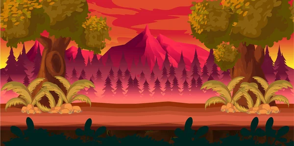 Bosque juego fondo aplicación 2d. Diseño vectorial. Tileable horizontalmente. Tamaño 1024x512. Listo para efecto paralaje — Vector de stock