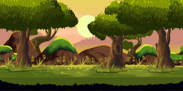 Bosque juego fondo aplicación 2d. Diseño vectorial. Tileable horizontalmente. Tamaño 1024x512. Listo para efecto paralaje — Vector de stock