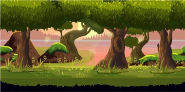 Orman oyun arka plan 2d uygulama. Vektör tasarımı. Tileable yatay olarak. Boyutu 1024 x 512. Paralaks etkisi için hazır