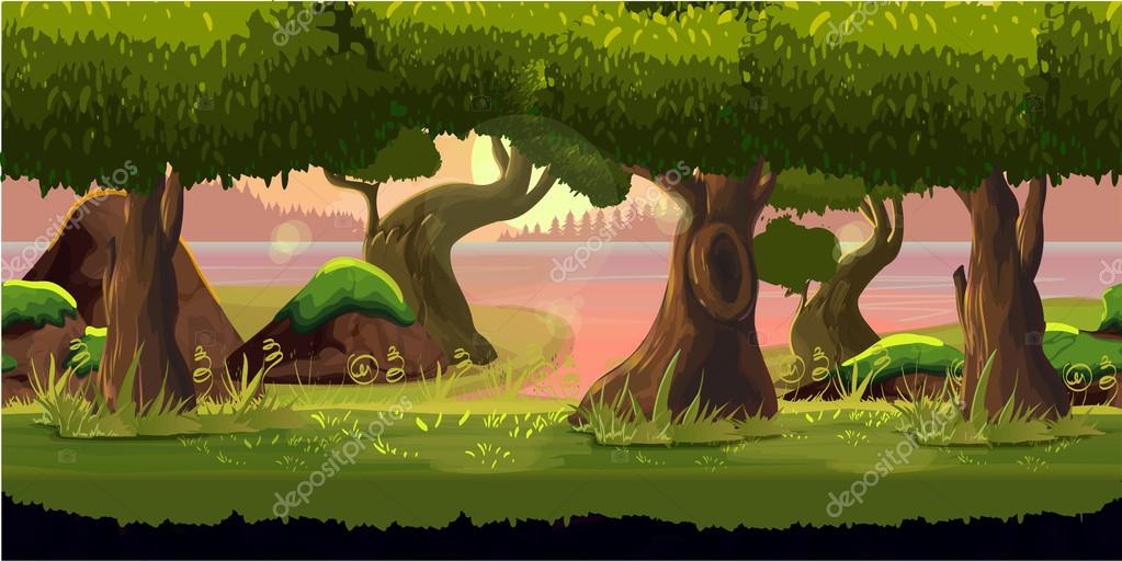 Um fundo para jogo 2d de floresta com arvores diversas, um rio e