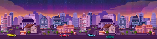 Ilustración vectorial de la ciudad nocturna con brillo de neón y colores vivos . — Vector de stock