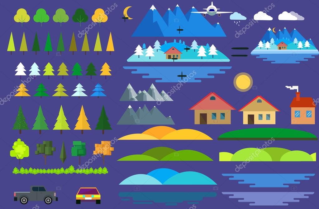 Landscape constructor icons set. Buildings houses, trees and architecture signs for map, game, texture, mountains, river, sun.Tree vector,road elements,city elements