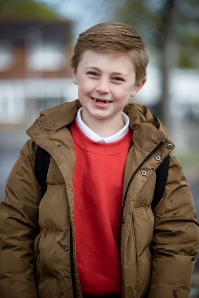 Front View Portrait Shot Young Caucasian Boy Wearing School Uniform — Stock Photo, Image