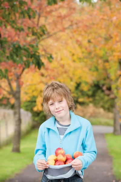 Молодий хлопчик з яблуками — стокове фото