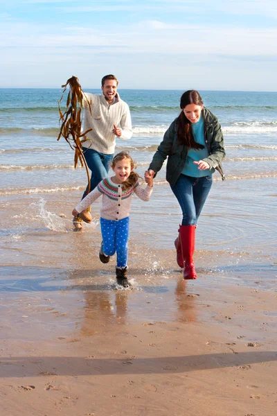 Famille sur la plage avec des algues — Photo