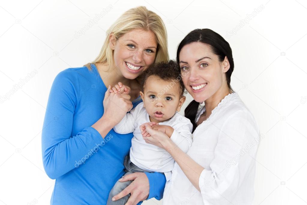 Female couple posing with their baby son