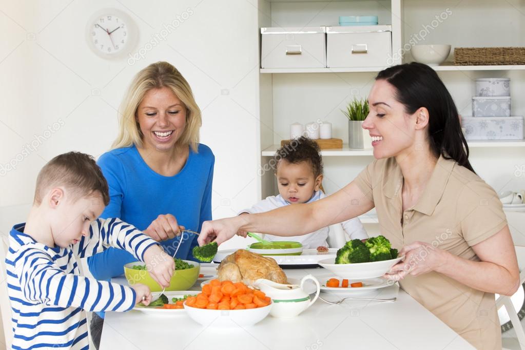 Female couple having dinner with their sons