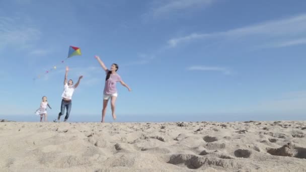 Семья, летающая на воздушном змее на пляже — стоковое видео