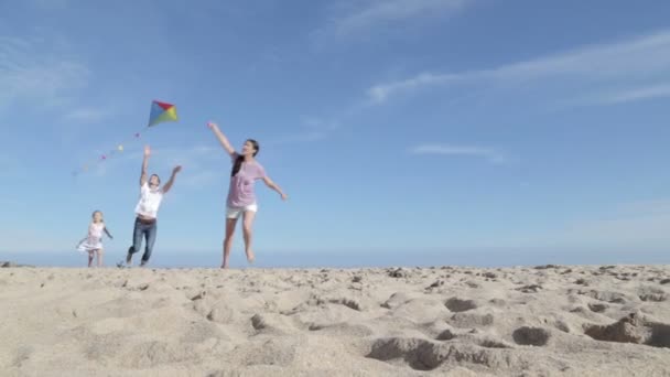 Familie vliegen een vlieger op het strand — Stockvideo