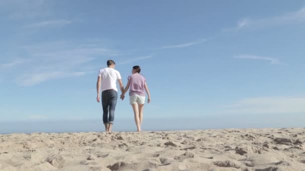 Молодая пара, гуляющая и разговаривающая вместе на пляже — стоковое видео
