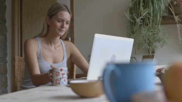 Woman using social media on laptop — Stock Video