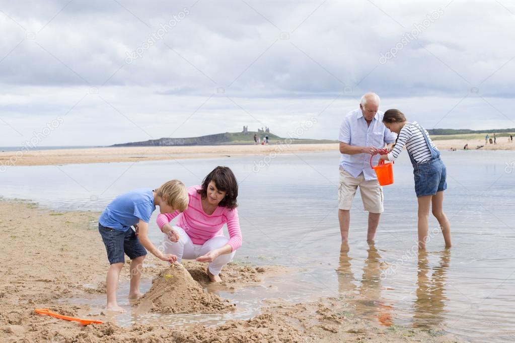 Grandparents and grandchildren playing at the beach